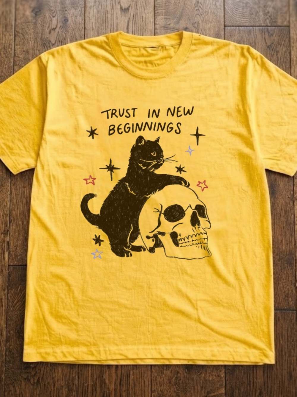 Trust in New Beginnings Cat Skull Stars Vintage Yellow T-Shirt